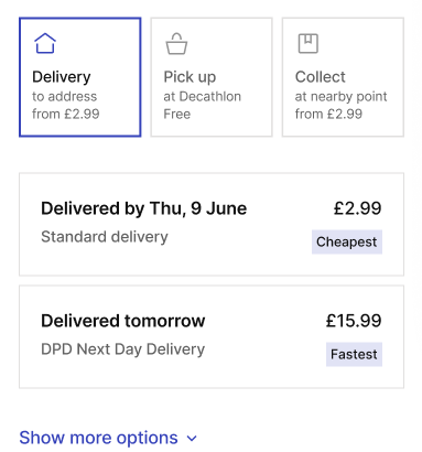 Delivery, pick-up and collect tiles, then two delivery options tagged Cheapest and Fastest.