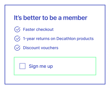“It’s better to be a member” box listing faster checkout, 1-year returns and discount vouchers, with a Sign me up checkbox.