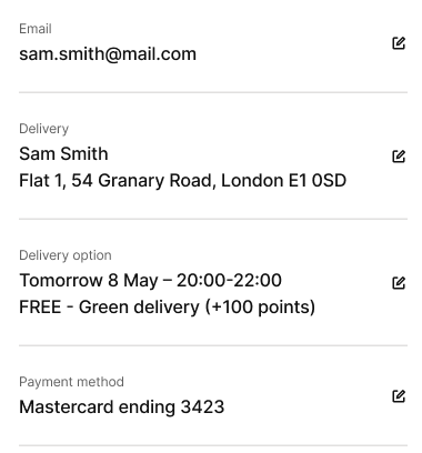 A member’s checkout already filled in: email, delivery address, delivery option and Mastercard ending 3423.