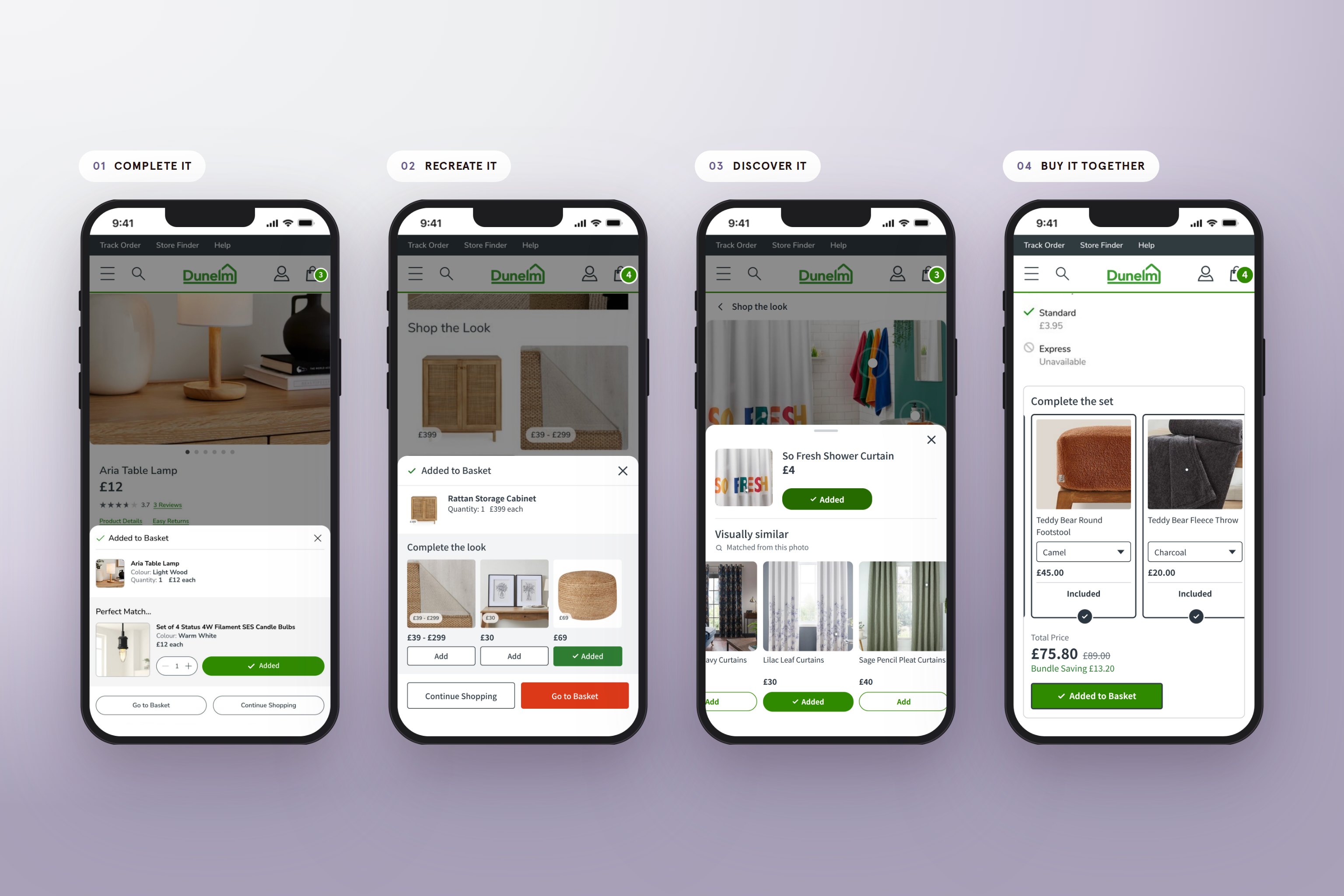 Four phones showing the cross-sell propositions: Perfect Match suggesting bulbs after a lamp is added, Shop the Look offering the rest of a room, Visual Discovery showing visually similar curtains from a room photo, and a bundle of duvet set, footstool and throw added together.
